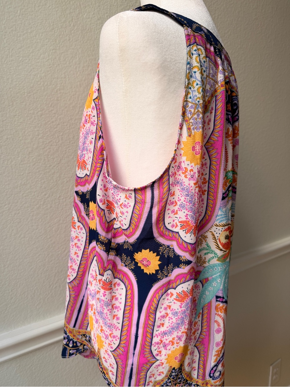 Rose + Olive Boho Paisley Border Print Tassel Tie Tank Top Large Resort Coastal - Picture 6 of 8